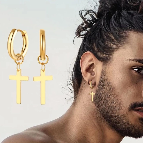 Punk Gothic Stainless Steel Cross Pendant Hoop Earrings For Men Women Minimalist Street Fashion Ear Jewelry Gift Accesssories