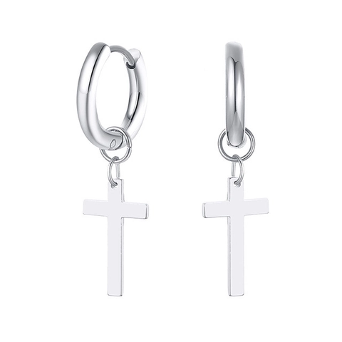 Punk Gothic Stainless Steel Cross Pendant Hoop Earrings For Men Women Minimalist Street Fashion Ear Jewelry Gift Accesssories