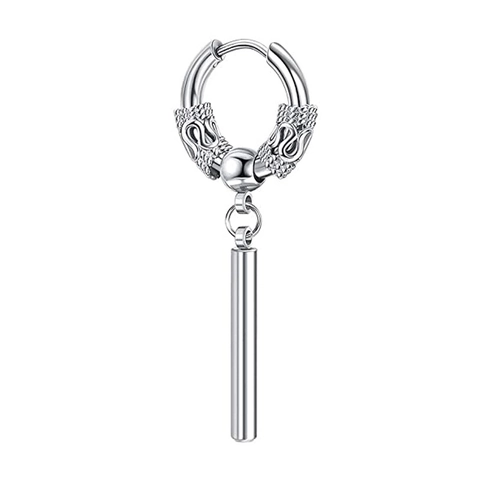Boucles d'Oreilles Huggie Punk pour Hommes Motif Dragon avec Pendentif Cylindrique Créoles en Relief en Métal Noir Argent pour Fête