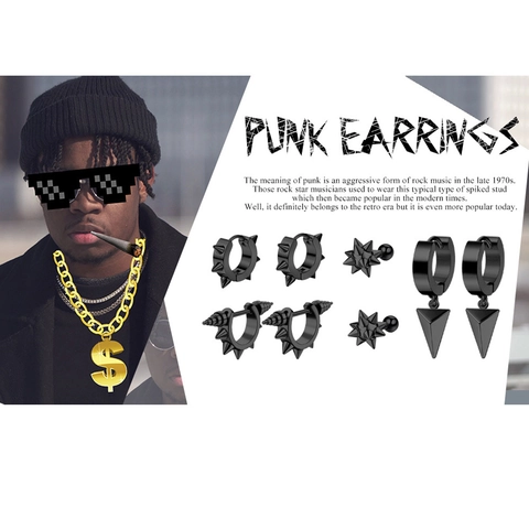 Black Stainless Steel Punk Earrings Set For Men Women Gothic Rock Spikes Rivets Zirconia Studs Huggie Hoops Dangle Jewelry