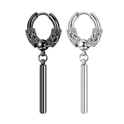 Boucles d'Oreilles Huggie Punk pour Hommes Motif Dragon avec Pendentif Cylindrique Créoles en Relief en Métal Noir Argent pour Fête