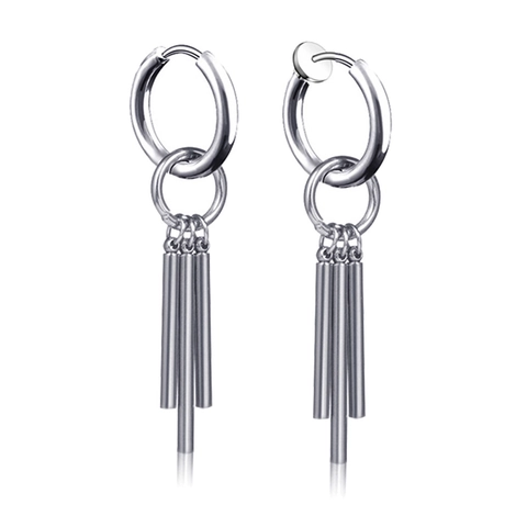 Boucles d'Oreilles Créoles Minimalistes en Acier Inoxydable Gland Chaîne pour Hommes Argent Géométrique Trois Barres Cylindriques Bijoux Punk