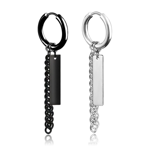 Men's Stainless Steel Punk Tassel Chain Hoop Earrings Minimalist Rectangle Tag Huggies Street Hip Hop Unisex Jewelry