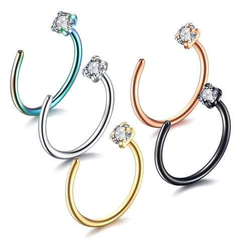 C-Shaped Stainless Steel Nose Ring With Claw Inlaid Round Zircon Open Nose Stud Body Piercing Jewelry For Women Men