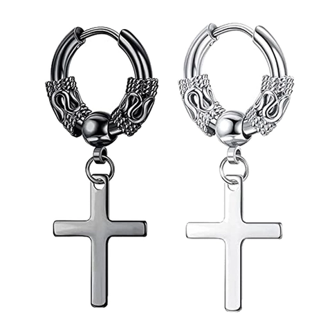 Men's Retro Dragon Totem Cross Pendant Huggie Hoop Earrings Stainless Steel Punk Hip Hop Jewelry Gift Black Silver