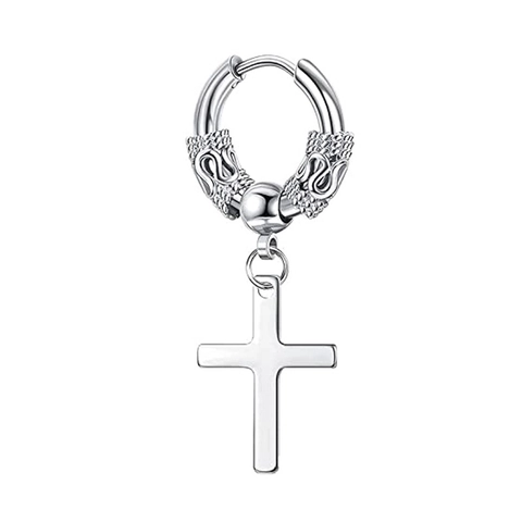 Men's Retro Dragon Totem Cross Pendant Huggie Hoop Earrings Stainless Steel Punk Hip Hop Jewelry Gift Black Silver