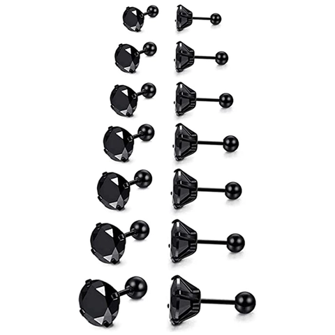Black Stainless Steel Stud Earrings For Men Women Round Cubic Zirconia Inlaid Screw Back Ball Piercing Jewelry Minimalist Style