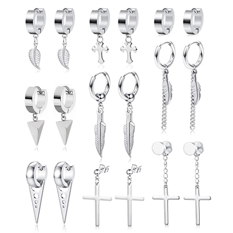Punk Stainless Steel Hoop Stud Earrings Set Cross Leaf Feather Tassel Dangle Earrings For Women Men Unisex Gothic Jewelry