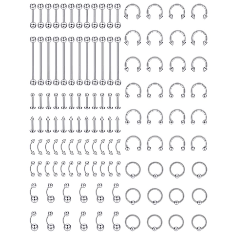Stainless Steel Body Piercing Kit Tongue Lip Nose Eyebrow Navel Rings Studs Barbell Hoops Jewelry Set For Men Women