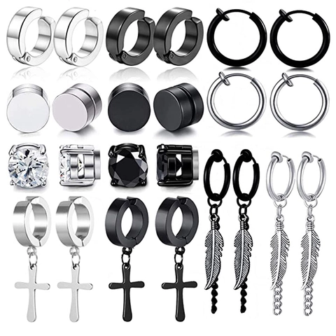 Lot de 12 Paires de Boucles d'Oreilles Magnétiques Sans Percage en Acier Inoxydable Croix Plume Longue Chaîne Punk Bijoux Unisexe