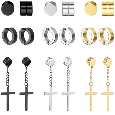Set Pendientes Magnéticos Unisex Sin Agujero Acero Inoxidable Cruz Colgante Redondo Botón Clip Pendientes Punk Joyería Minimalista
