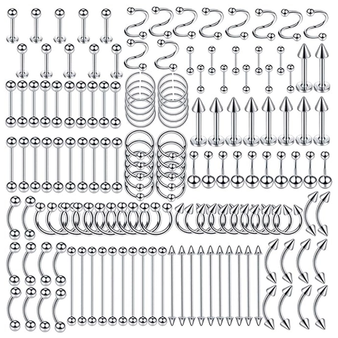Stainless Steel Body Piercing Kit Mixed Styles For Tongue Ear Cartilage Nose Lip Eyebrow Belly Jewelry Punk Gothic Accessories