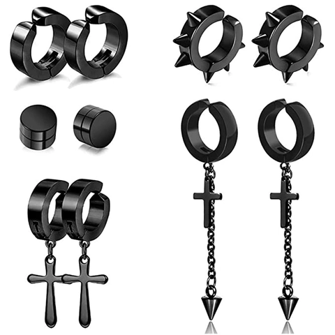 Parure Boucles d'Oreilles à Clip et Clous en Métal Punk Pour Hommes Femmes Croix Pointe Magnétique Non Percé Gothique Bijoux Noir Argent