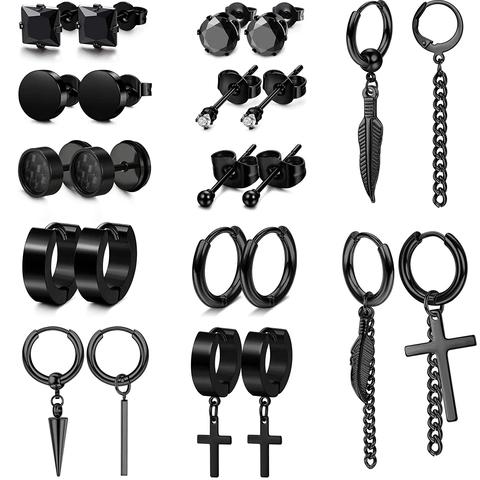316L Stainless Steel Black Punk Stud Earrings Set For Men Women Gothic Cross Feather Chain Hoop Earrings High Polished Jewelry
