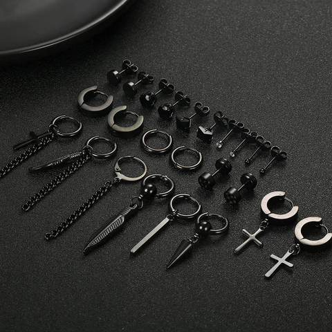 316L Stainless Steel Black Punk Stud Earrings Set For Men Women Gothic Cross Feather Chain Hoop Earrings High Polished Jewelry