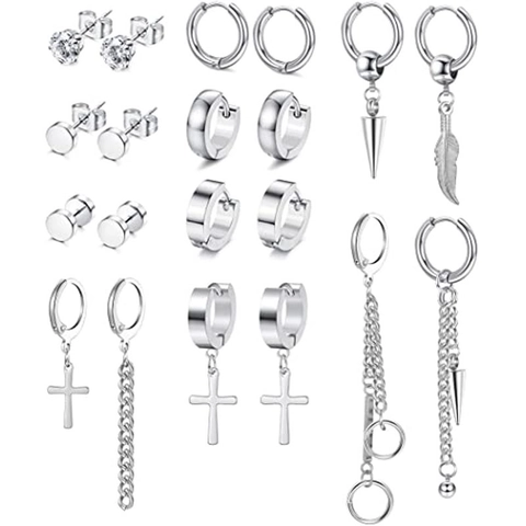Edelstahl Ohrringe Set Silber Zirkonia Stecker Kreuz Feder Hängend Huggie Creolen Für Herren Damen Punk Schmuck