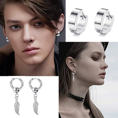 Edelstahl Ohrringe Set Silber Zirkonia Stecker Kreuz Feder Hängend Huggie Creolen Für Herren Damen Punk Schmuck