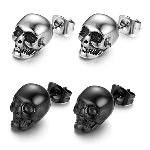 Punk Stainless Steel Skull Stud Earrings For Men Women Gothic Rock Skeleton Head Jewelry Halloween Gift Gold Silver Black