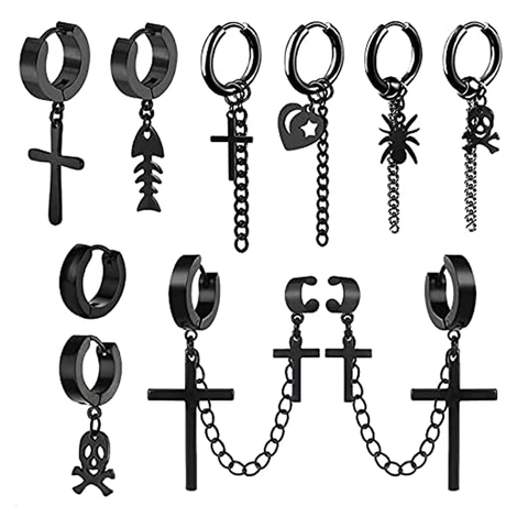 Orecchini Punk Gothic Neri Acciaio Inossidabile Croce Teschio Ragno Lisca Di Pesce Cuore Per Uomo Unisex Gioielli Street
