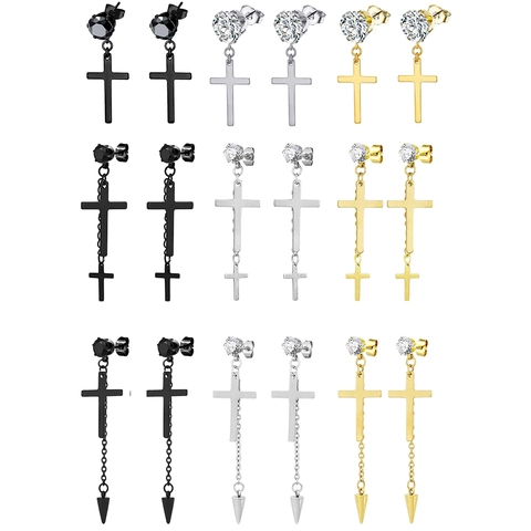 Gothic Cross Dangle Earrings For Men Women Alloy Rhinestone Spike Drop Earrings Punk Long Chain Jewelry Black Gold Silver