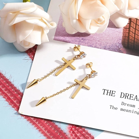Gothic Cross Dangle Earrings For Men Women Alloy Rhinestone Spike Drop Earrings Punk Long Chain Jewelry Black Gold Silver
