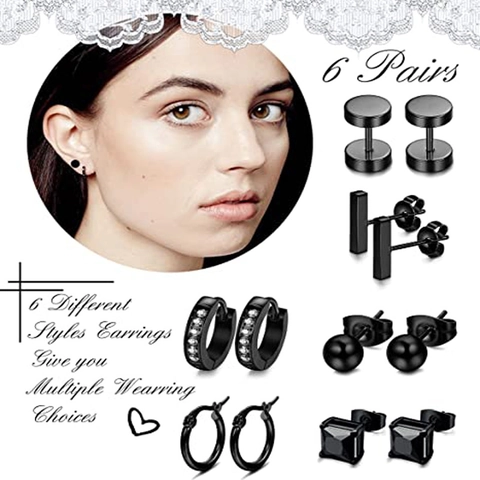 Black Stainless Steel Earring Set For Men Punk Barbell Square Zirconia Round Ball Hoop Earring Stud And Hoop Jewelry Set