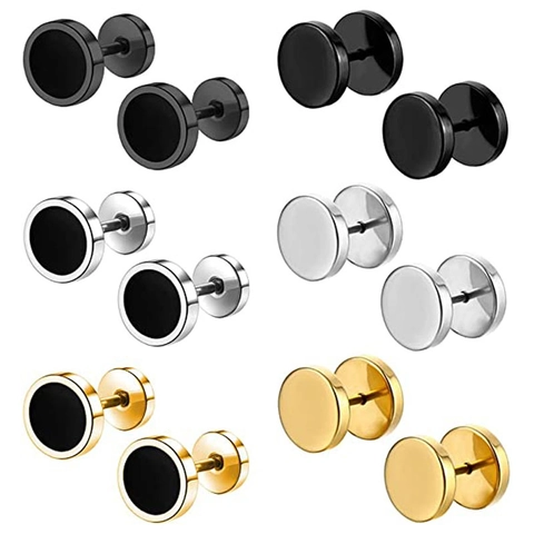 Colección Pendientes Botón Acero Inoxidable 316 Redondo Pesas Disco Negro Dorado Color Acero Pulido Joyería Unisex