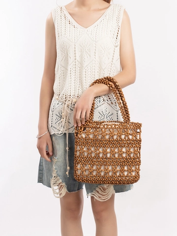 Handmade Wood Bead Woven Handbag With Drawstring Fabric Lining Bohemian Vacation Beach Tote Bag Hollow Floral Pattern Fashion Women Bag