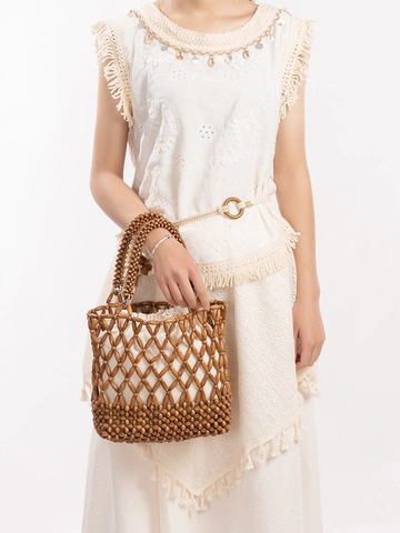 Handmade Maple Wooden Bead Handbag Bohemian Woven Beaded Tote Bag With Canvas Lining For Women Summer Beach Vacation Purse