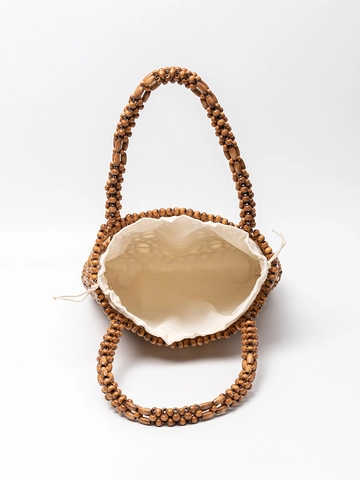 Handmade Wood Bead Woven Handbag With Drawstring Fabric Lining Bohemian Vacation Beach Tote Bag Hollow Floral Pattern Fashion Women Bag