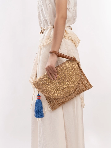 Women's Handmade Jute Woven Shoulder Bag Bohemian Tassel Envelope Clutch Beach Vacation Metallic Foil Straw Bag Travel Purse