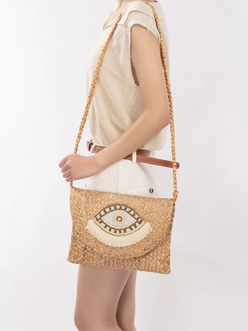 Bohemian Evil Eye Handcrafted Woven Jute Shoulder Bag With Tassel Beadwork Embroidery Vacation Envelope Clutch For Women