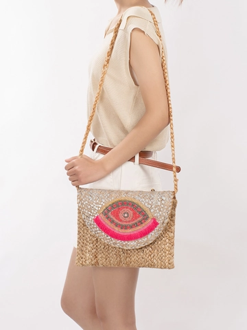Böhmische Handgewebte Jute Schultertasche Mit Stickerei Des Bösen Blicks Und Quasten Umschlag Clutch Damen Strandurlaub Ethno Handtasche