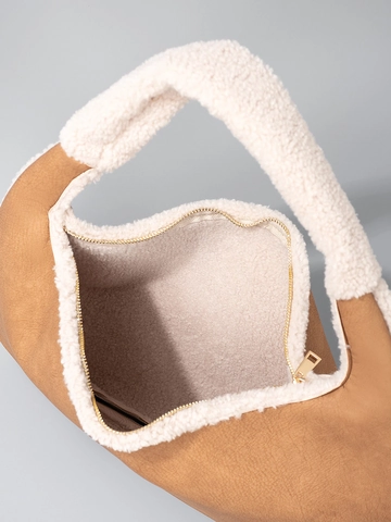 Women Faux Shearling Trim Hobo Bag Vintage PU Leather Shoulder Bag Autumn Winter Plush Spliced Handbag Underarm Bag