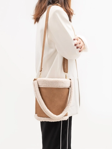 Borsa a Secchiello in Pelle PU e Pelliccia Sintetica Vintage per Donna Borsa a Tracolla Patchwork Con Chiusura a Coulisse