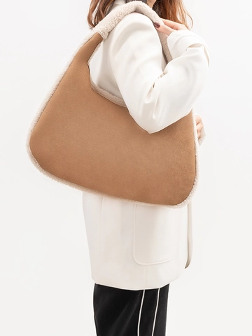 Women Faux Shearling Trim Hobo Bag Vintage PU Leather Shoulder Bag Autumn Winter Plush Spliced Handbag Underarm Bag