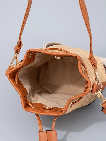 Sac Seau en Paille Bohème Femme Cuir Piqué Couleur Contrastée Sac Bandoulière Sangle Géométrique Pour Vacances Plage