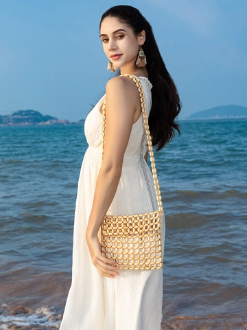 Handgewebte Ahornholz Perlen Umhängetasche Für Damen Strandurlaub Boho Flip Umhängetasche Mit Polyesterfutter Handtasche