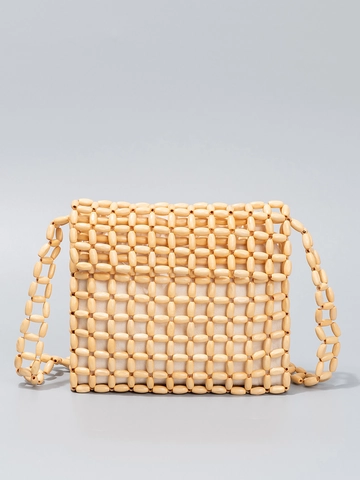 Damen Handgefertigte Gewebte Holzperlen Umhängetasche Boho Perlen Crossbody Handtasche Mit Segeltuchfutter Vintage Urlaubstasche