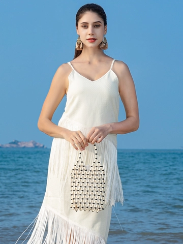Handgefertigte Holzperlen Handtasche Für Damen Aushöhlen Boho Strand Urlaub Tote Mit Kordelzug Leinwand Innentasche Vintage Stil