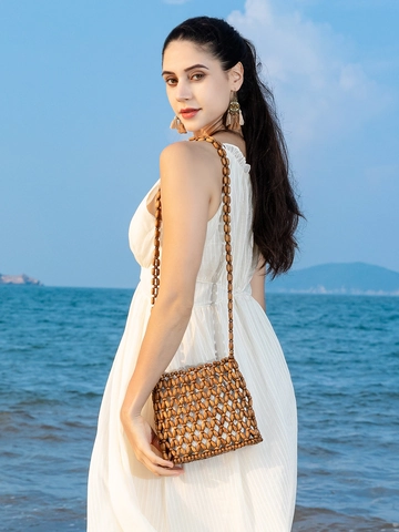 Borsa a Tracolla in Perline di Legno Fatta a Mano per Donna Estate Spiaggia Vacanza Resort Intrecciata con Coulisse