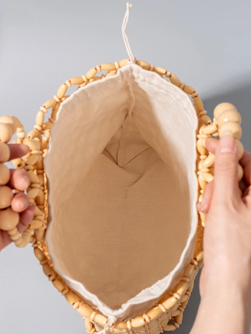 Borsa a Mano Intrecciata a Mano in Perline di Legno di Acero Con Sacchetto Interno a Coulisse Geometrica da Spiaggia Donna