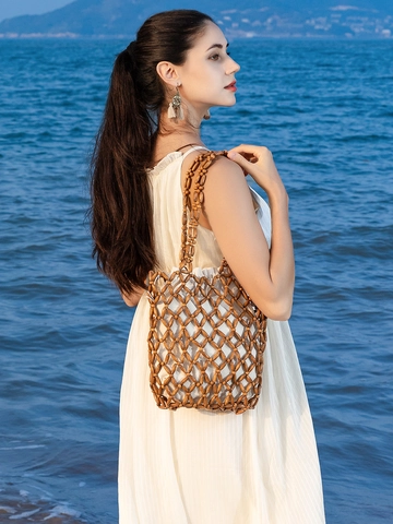Borsa a Spalla Intrecciata in Perline di Legno Fatta a Mano Grande Capacità Borsa Traforata con Coulisse Interna per Donna Casual Spiaggia Vacanza