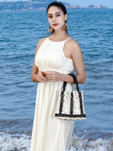 Borsa a Mano Donna Fatta a Mano con Perline in Legno di Acero Intagliata Geometrica per Spiaggia Vacanza Borsa Moda con Coulisse Interna
