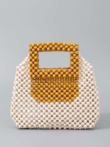 Bolso de Mano de Cuentas de Madera de Arce Hecho a Mano Tejido Hueco Color de Contraste Bohemio Bolso para Mujer