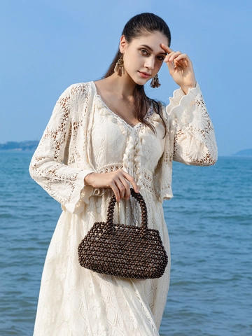 Bolso de Mano de Cuentas de Madera Hecho a Mano Mujer Bohemio Tejido Con Bolsa Interior de Cordón Playa Vacaciones Bolso de Mano