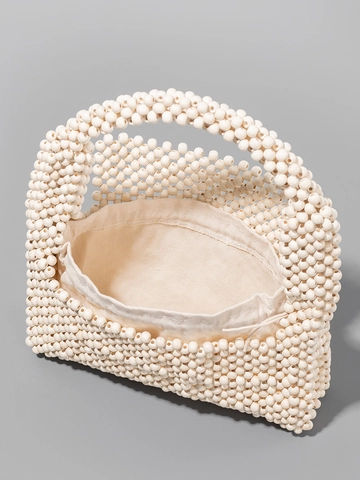 Women's Handmade Woven Wood Bead Underarm Bag Minimalist Creamy White Shoulder Bag For Commuting Fashion Beaded Handbag