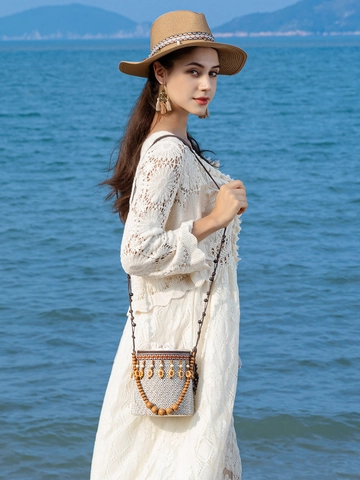 Bohemian Stroh Gewebte Beuteltasche Für Damen Vintage Geometrisches Muster Perlen Crossbody Umhängetasche Strand Urlaub Reise