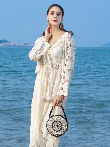 Borsa a Mano da Donna in Perline di Legno Intrecciate a Mano Rotonda Vintage Bohemienne Borsa da Spiaggia Con Coulisse Interna