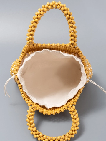 Bolso de Mano Tejido a Mano de Cuentas de Madera de Arce para Mujer Vintage Verano Playa Viaje Boho Tote Con Bolsa Interior de Lona con Cordón